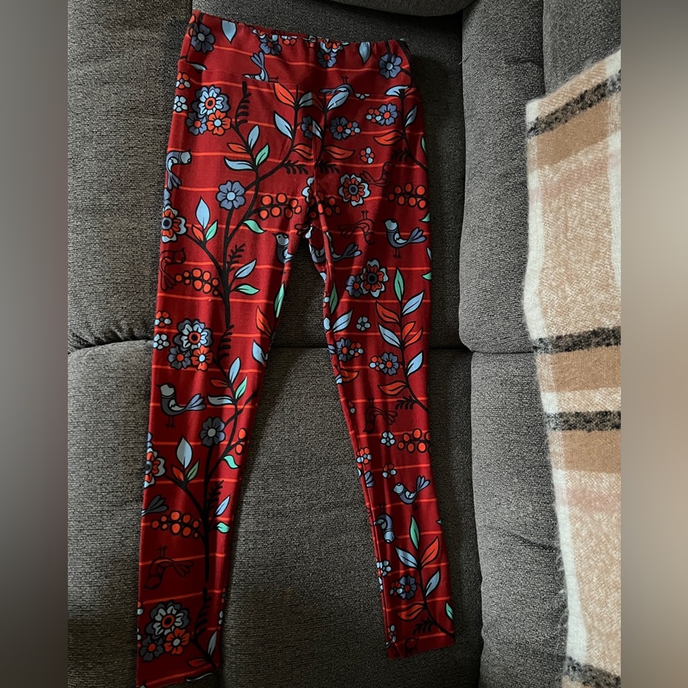 LuLaRoe, floral red with birds, print leggings women’s OS, new